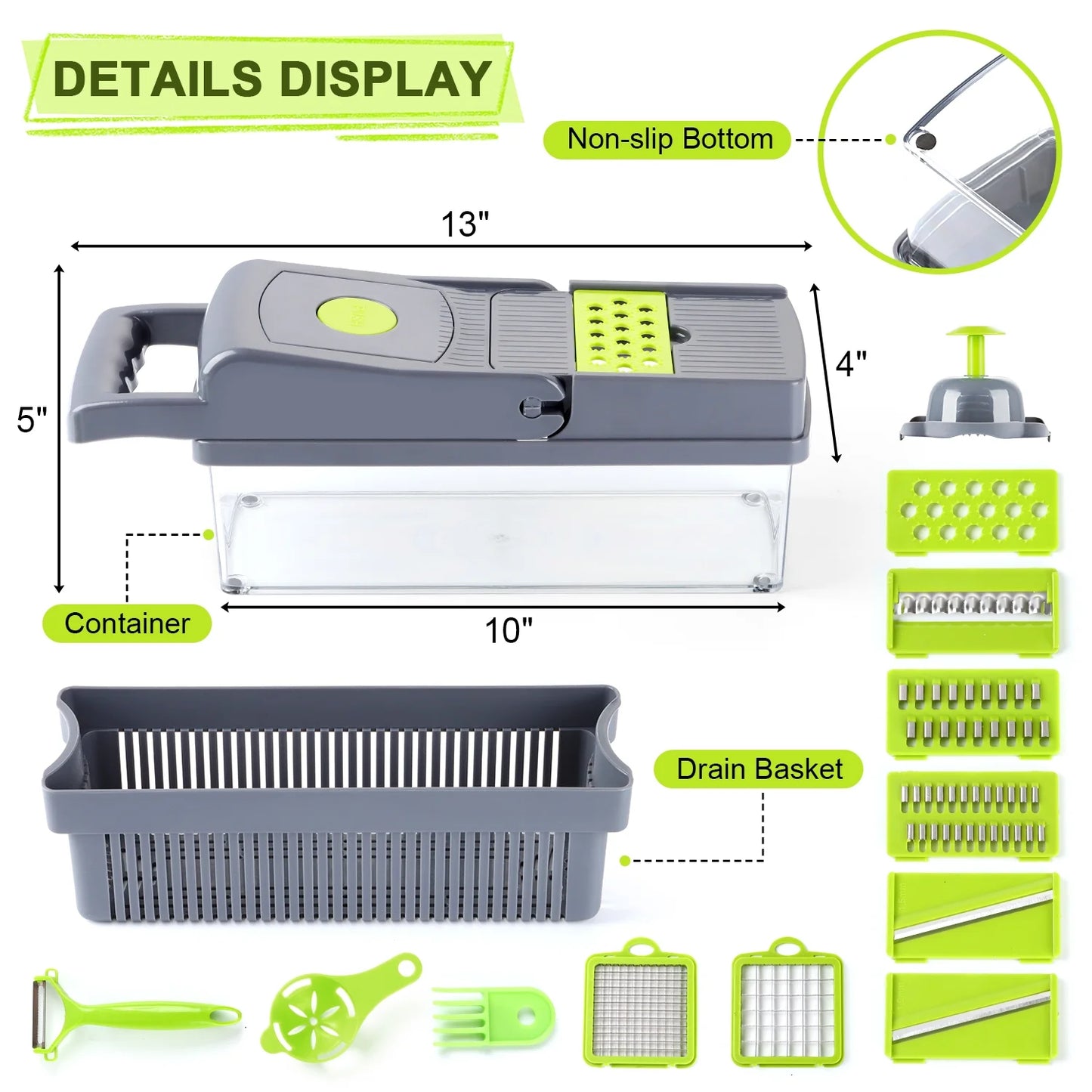 14 in 1 Vegetable Fruit Cutter Dicer Slicer 8 Blades, with Container & Drain Basket