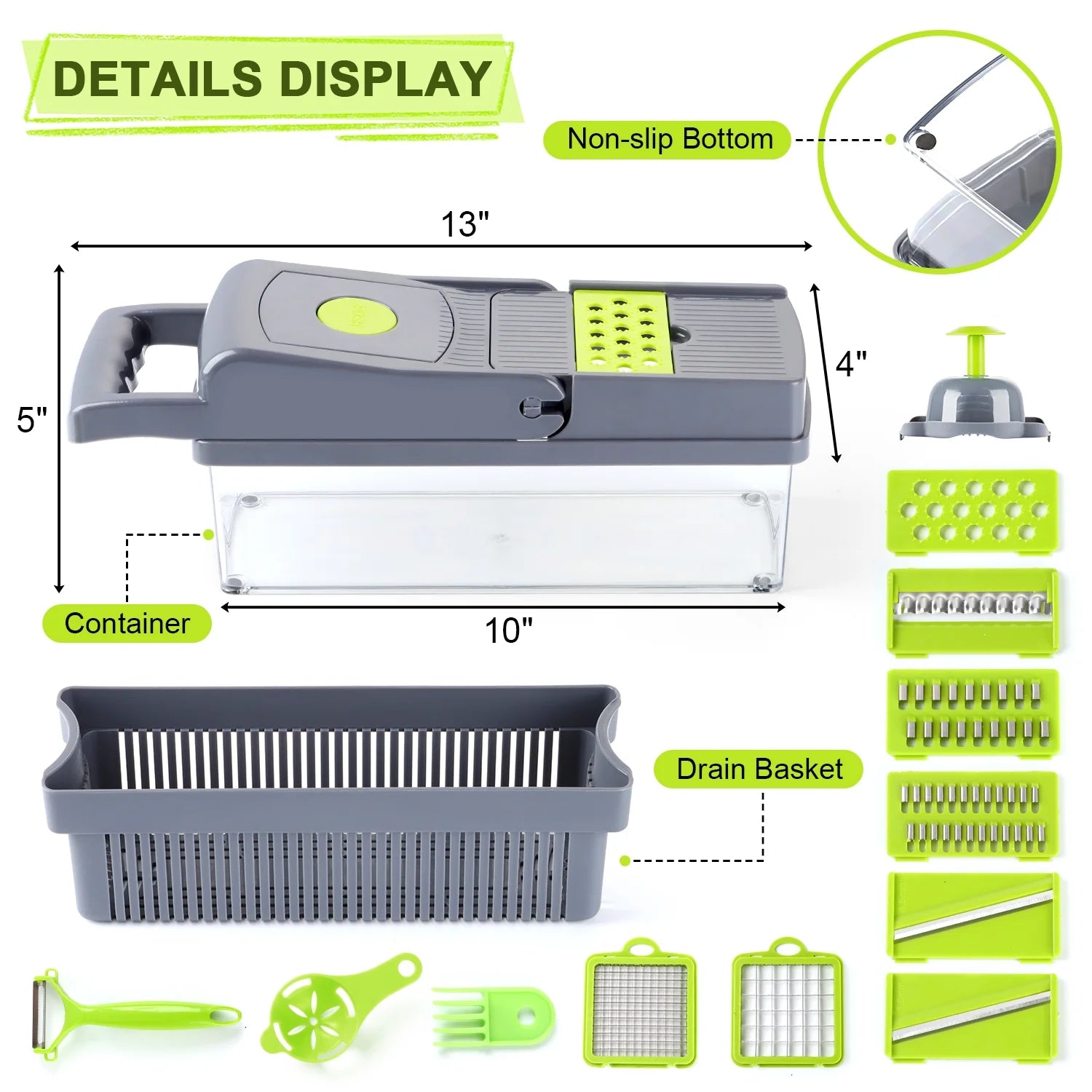 14 in 1 Vegetable Fruit Cutter Dicer Slicer 8 Blades, with Container & Drain Basket