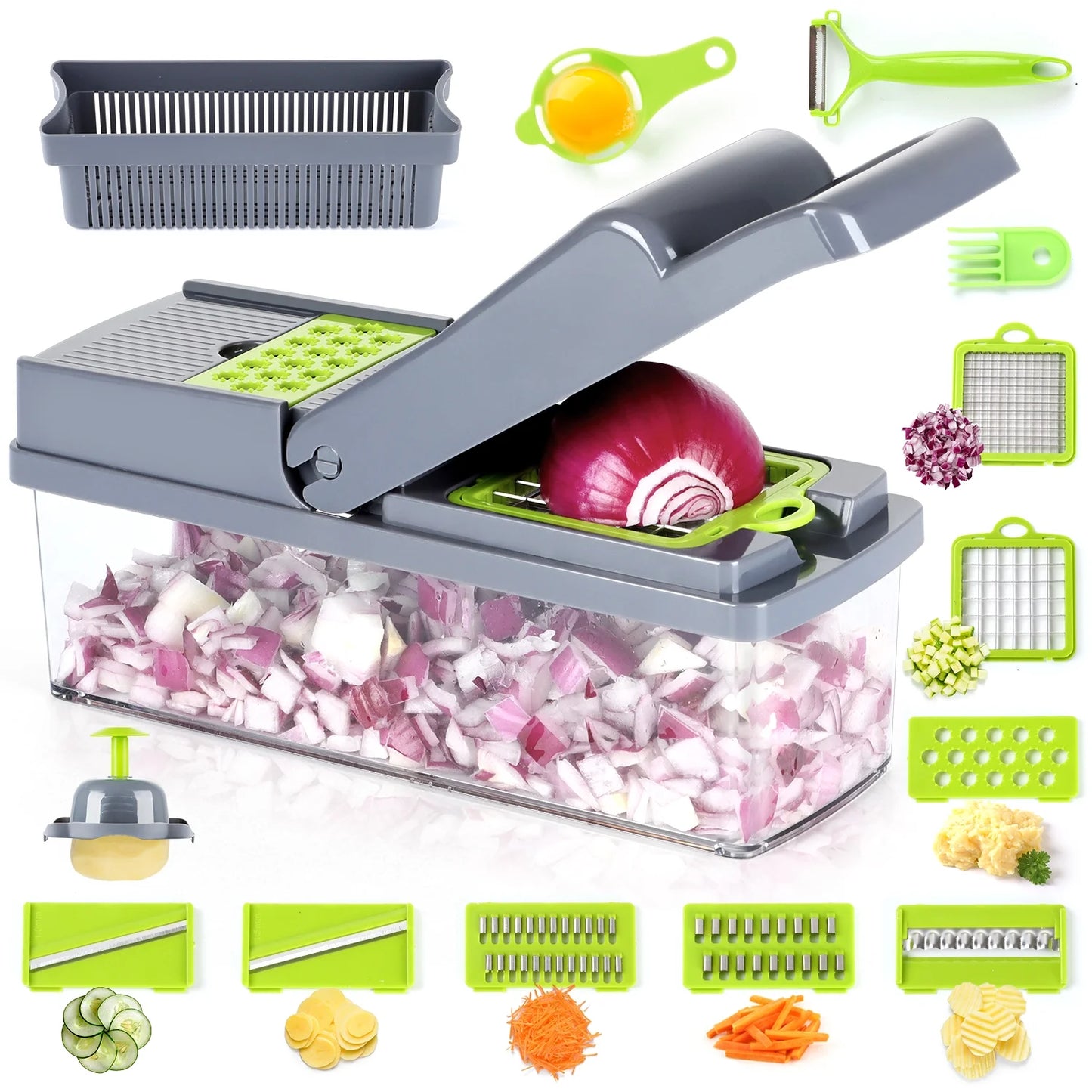 14 in 1 Vegetable Fruit Cutter Dicer Slicer 8 Blades, with Container & Drain Basket