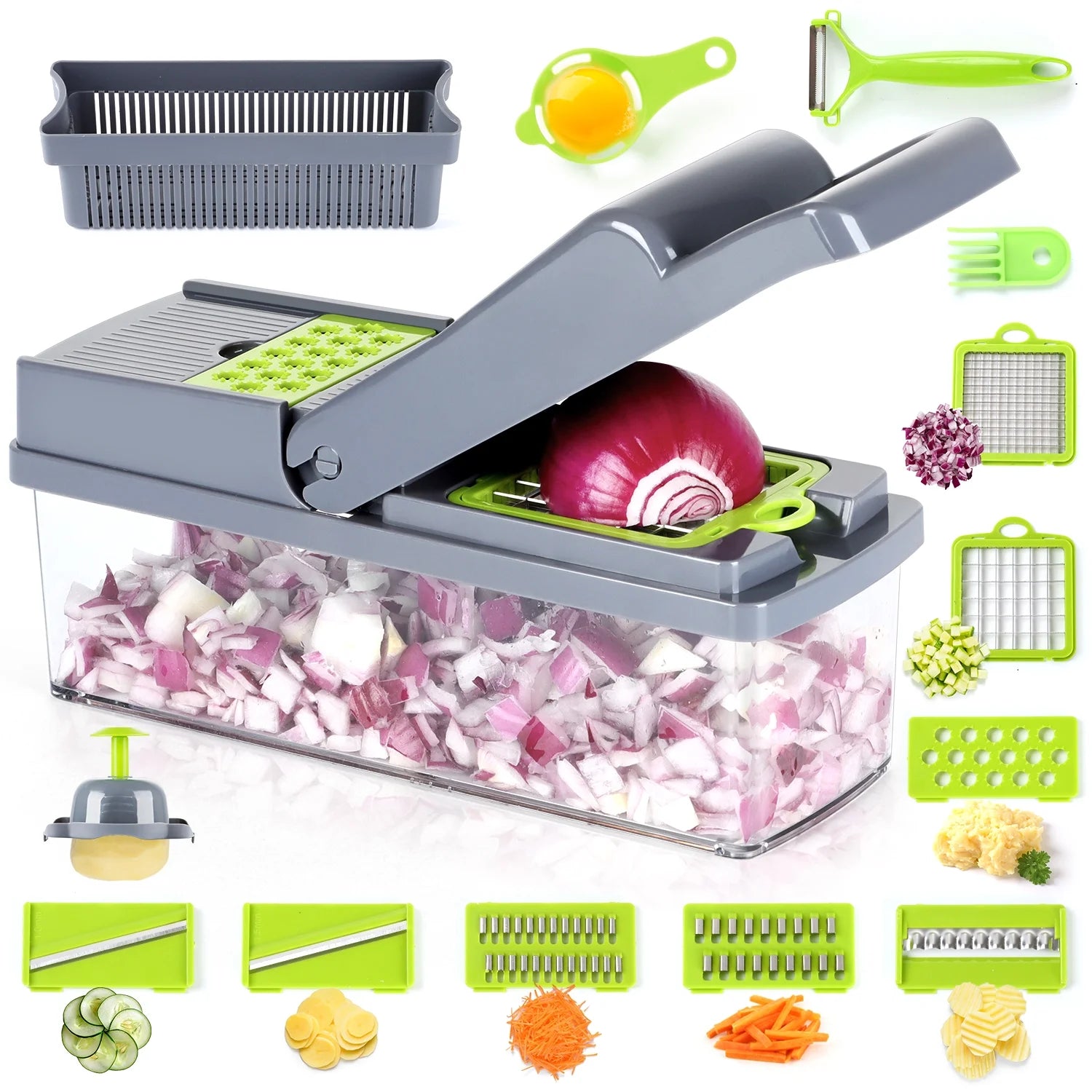 14 in 1 Vegetable Fruit Cutter Dicer Slicer 8 Blades, with Container & Drain Basket