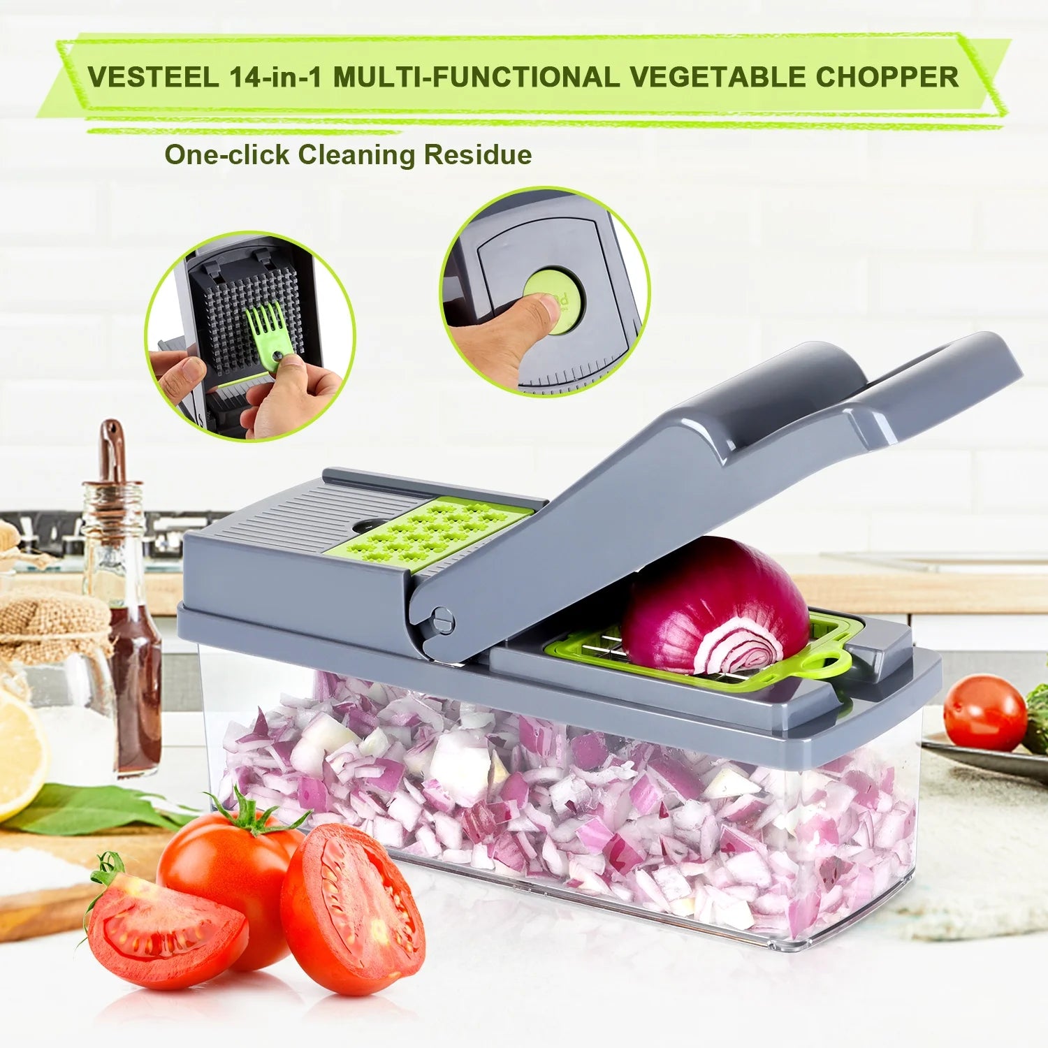 14 in 1 Vegetable Fruit Cutter Dicer Slicer 8 Blades, with Container & Drain Basket
