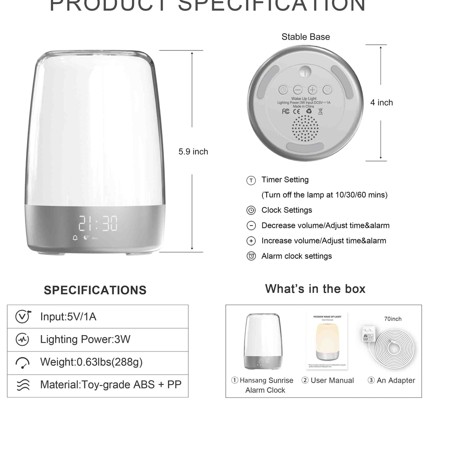 Sunrise Alarm Clock Wake up Light  3 Ways Dimmable
