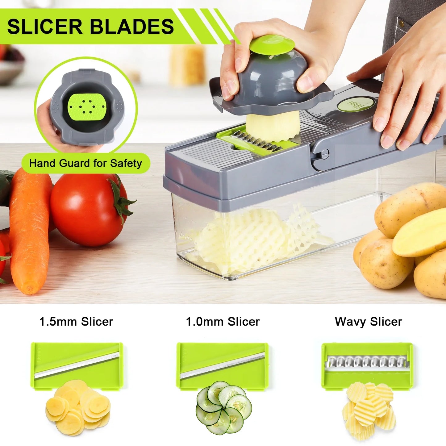 14 in 1 Vegetable Fruit Cutter Dicer Slicer 8 Blades, with Container & Drain Basket