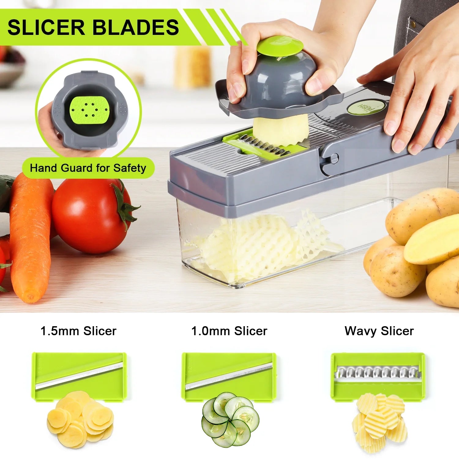 14 in 1 Vegetable Fruit Cutter Dicer Slicer 8 Blades, with Container & Drain Basket