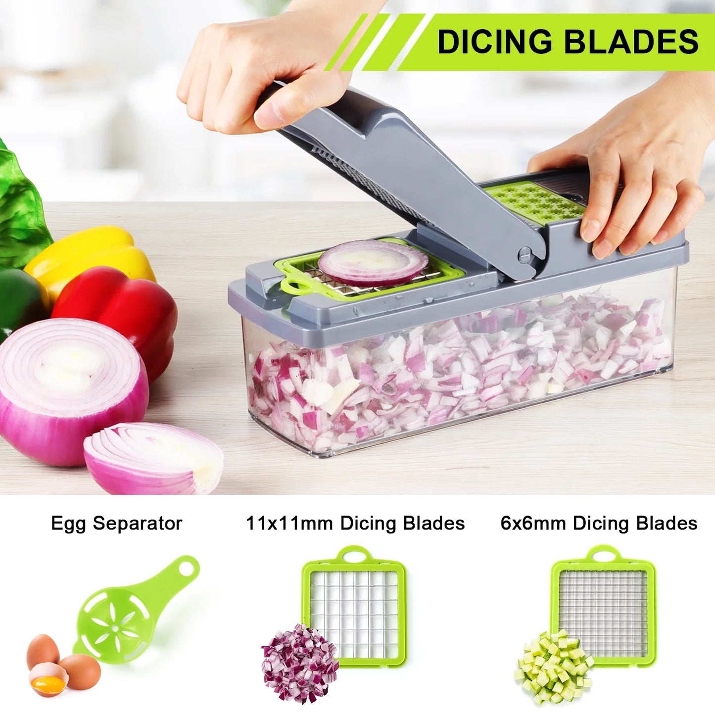 14 in 1 Vegetable Fruit Cutter Dicer Slicer 8 Blades, with Container & Drain Basket