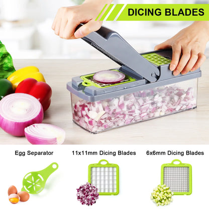 14 in 1 Vegetable Fruit Cutter Dicer Slicer 8 Blades, with Container & Drain Basket
